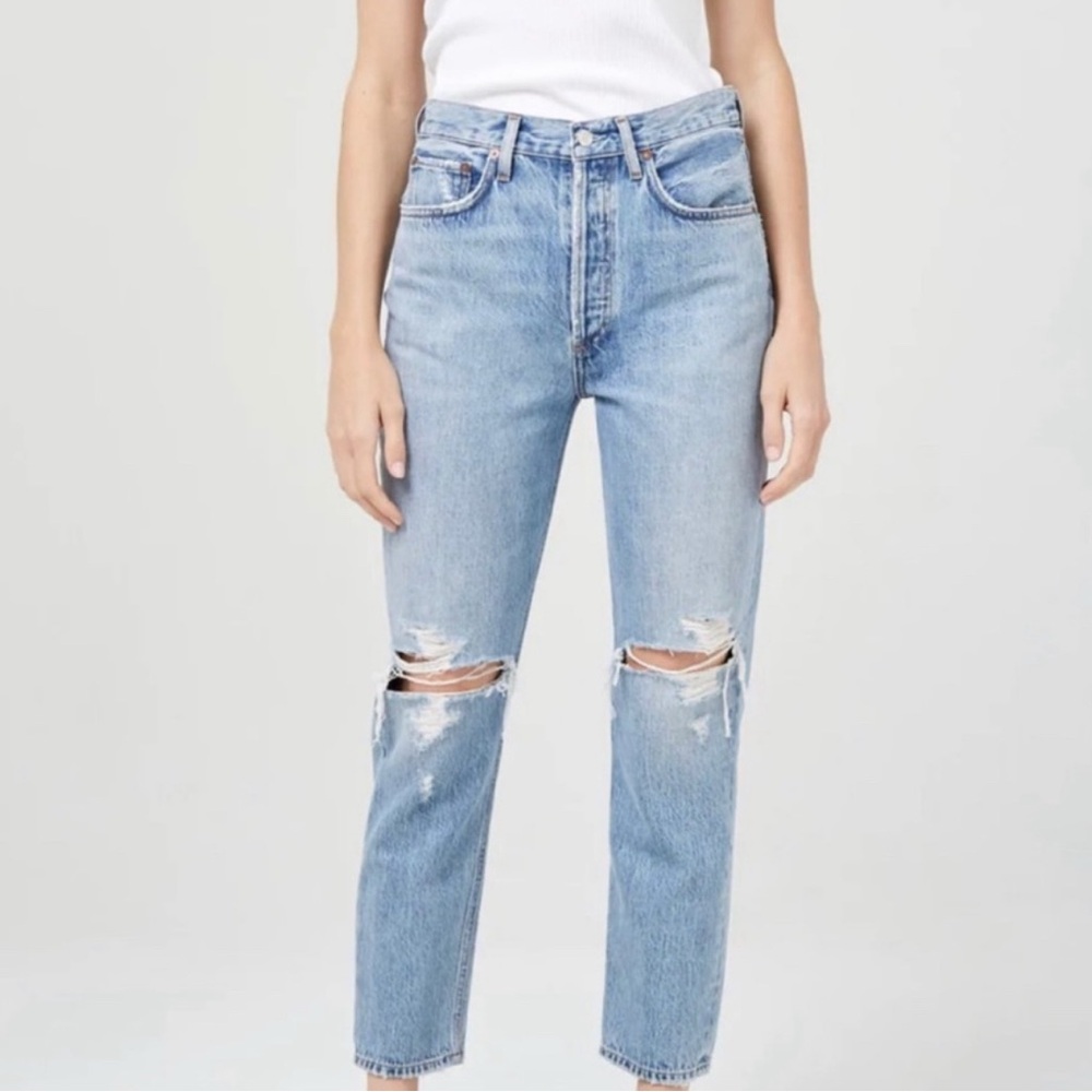 Agolde Riley Distressed High Rise Button Fly Cropped Jeans 25